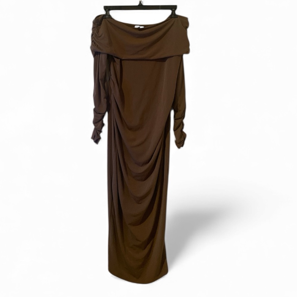 ASOS Off The Shoulder Ruffled Midi Brown Dress